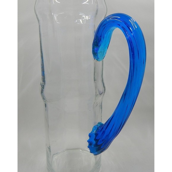 Bamboo Optic Paneled Clear Glass Cocktail Pitcher Blue Ribbed Handle - Picture 3 of 11